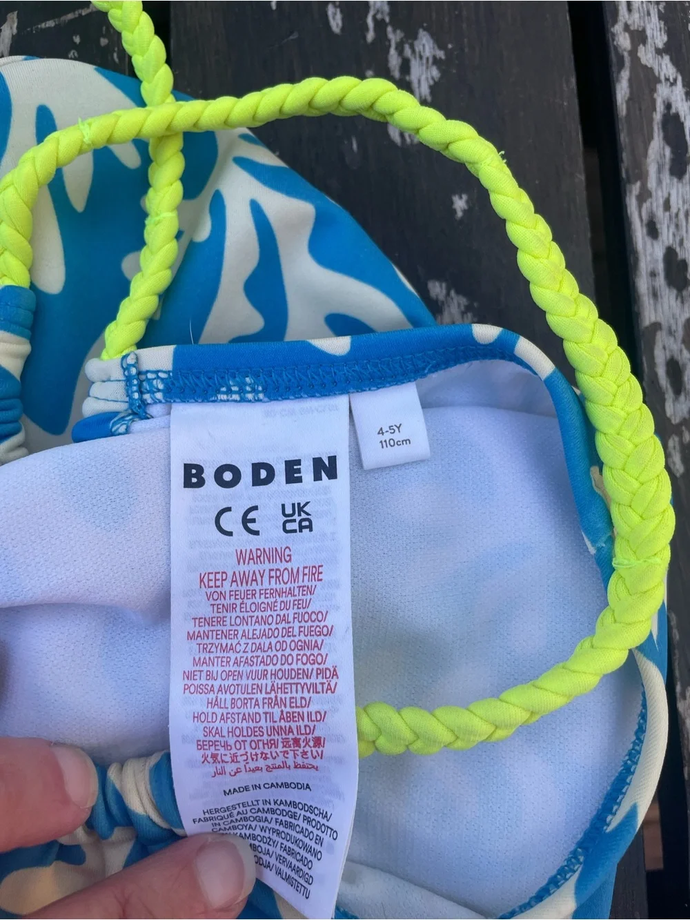Boden Blue & White Coral-Print One-Piece Swimsuit with Neon Yellow Straps